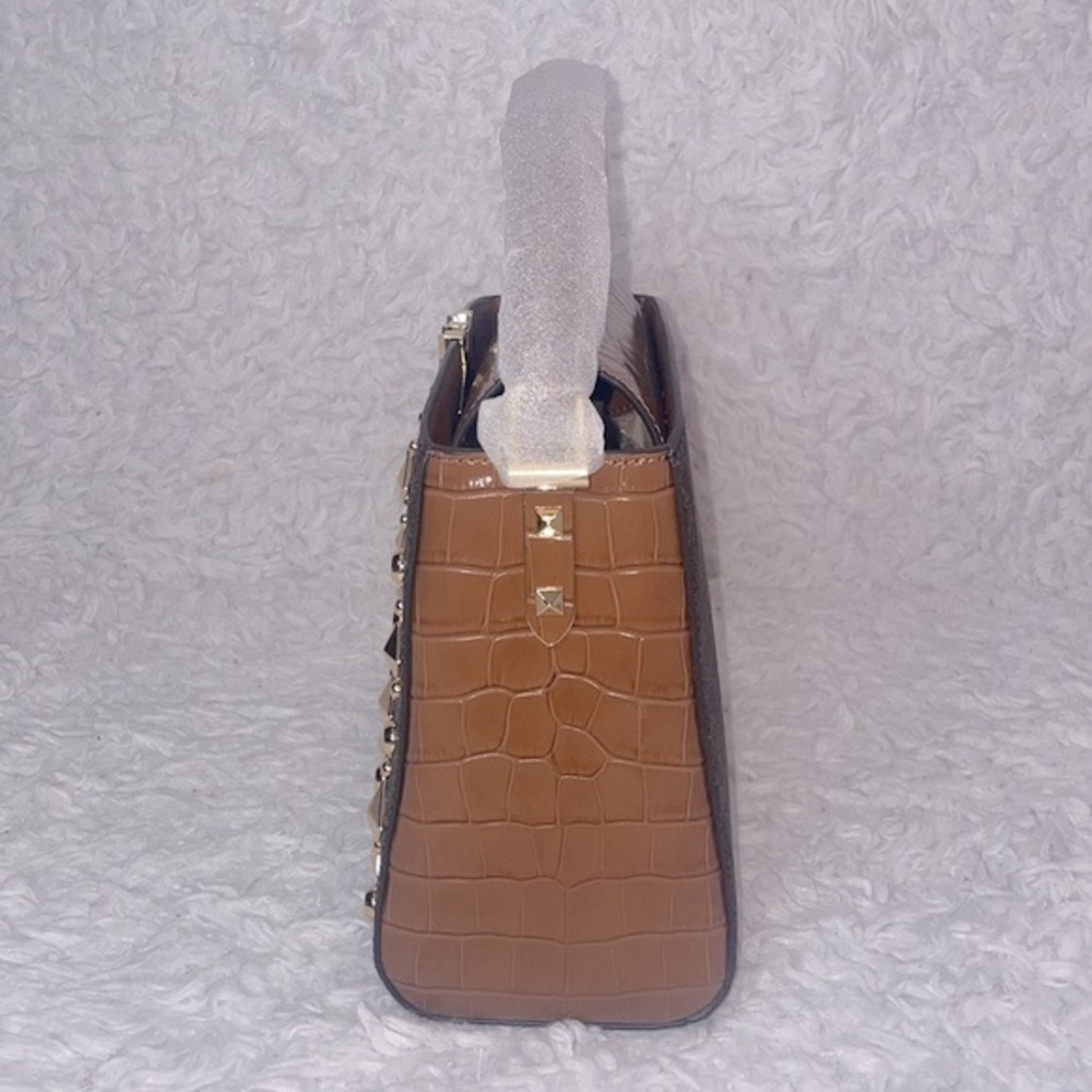 New Michael Kors Karlie Medium Studded Signature Logo Satchel in Chestnut Brown - Picture 8 of 17